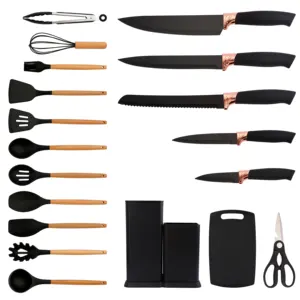 19pcs Stainless Steel Kitchen Knives Silicone Kitchen Tool Scissors With Holder Set Rose Gold Cutlery Kitchen Knife Set