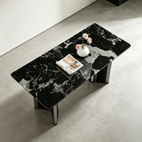 Table à manger rectangulaire de luxe, plateau en pierre microcristalline, placage en bois, base en acier inoxydable, mobilier moderne