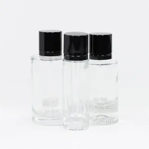 Garrafa de vidro de cilindro transparente, garrafa de vidro vazia personalizada de 30ml/50ml/100ml com pulverizador preto