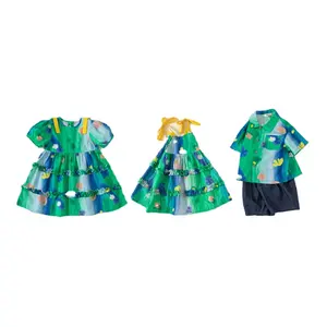 Children's Siblings Clothing Graffiti Printed Shirt for Boy and Matching Girl's Dress Tie dyed Unique Color