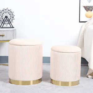 Furnitur ruang tamu kustom bangku kain pouf bulat penyimpanan ottoman modern dengan bangku penutup yang dapat dilepas dengan dasar baja emas