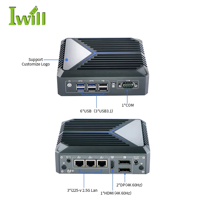तीन प्रदर्शन DDR4 32GB रैम इंटेल J6412 ट्रैक्टर कोर के साथ fanless barebone मिनी पीसी win11 3 * इंटेल i225-V 2.5G लैन