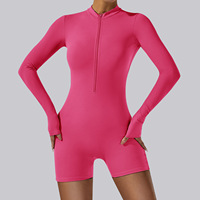 GZ6005-1 Romper Yoga Lengan Panjang Solid dengan Logo Kustom, Set Jumpsuit Legging Pendek Wanita dengan Ritsleting Depan Seksi, Pinggang Elastis Tinggi
