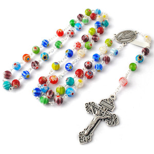 Collar religioso de 8mm para mujer, piedras azuladas multicolor, cuentas de cristal, cadena de plata, Rosario con caja de regalo, venta al por mayor de fábrica - Product Image 4