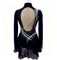 Robe de patinage artistique noire à col montant et manches longues en Spandex/Nylon, dos large ouvert, jupe ornée de strass, pour enfants, compétition sur glace