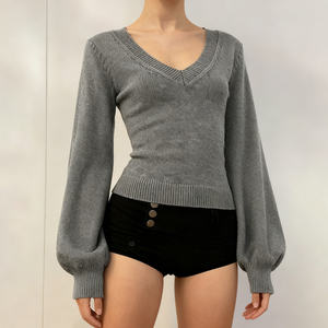 เสื้อสเวตเตอร์ถักคอวีสีเทาสไตล์อเมริกันวินเทจสำหรับผู้หญิง เสื้อทรงเข้ารูปสีพื้นสำหรับฤดูใบไม้ผลิและฤดูใบไม้ร่วง - Product Image 3