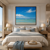 Toile murale artisanale en bois Paysage marin turquoise Ciel bleu Océan Paysage côtier serein Décoration murale pour hôtel, villa, salon