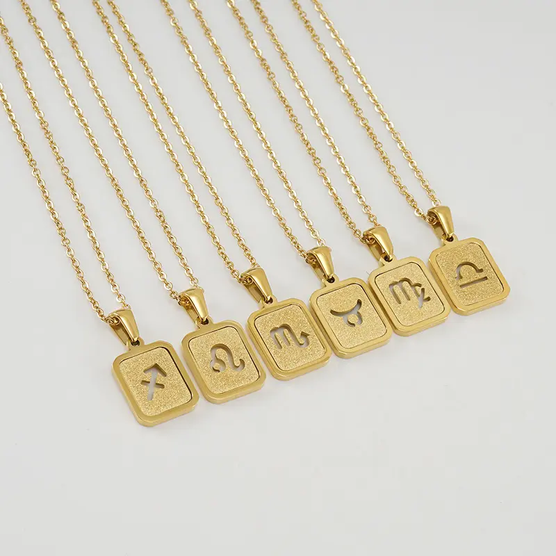 Stainless Steel 18K Gold plated Glitter Hollow Square 12 Zodiac Sign Horoscope Astrology Pendant Necklaces Jewelry for Women