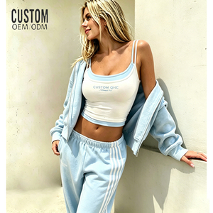 Ensemble 3 pièces décontracté pour femme : débardeur double couche imprimé personnalisé et survêtement ample à capuche zippé rayé – Style streetwear décontracté - Product Image 1
