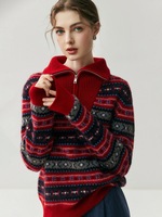 Pull en cachemire et laine élégant pour femme, automne-hiver, col rabattu, fermeture éclair, jacquard, polyvalent