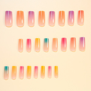 Faux ongles à presser effet cercueil, couleur bonbon dégradé arc-en-ciel, forme tube long et effilé, pré-finis, réutilisables, pour manucure de fête - Product Image 2