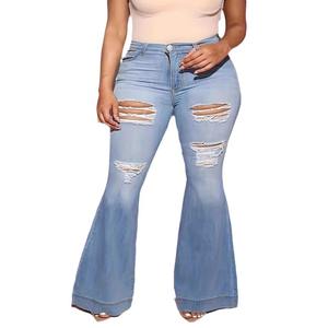 Venta al por mayor Plus Size Women Blue Ripped Flared Jeans 0XL-4XL - High Stretch Distressed Bell Bottom Pants - Product Image 5