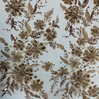 Tissu en maille luxueux or champagne orné de perles et de sequins floraux pour robes de mariée et robes de soirée (vente en gros)