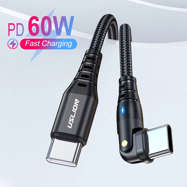 60W PD USB C Cable 3A Fast Charging 180 Degree Rotating Elbow Type C to Type C Data Cord for Game