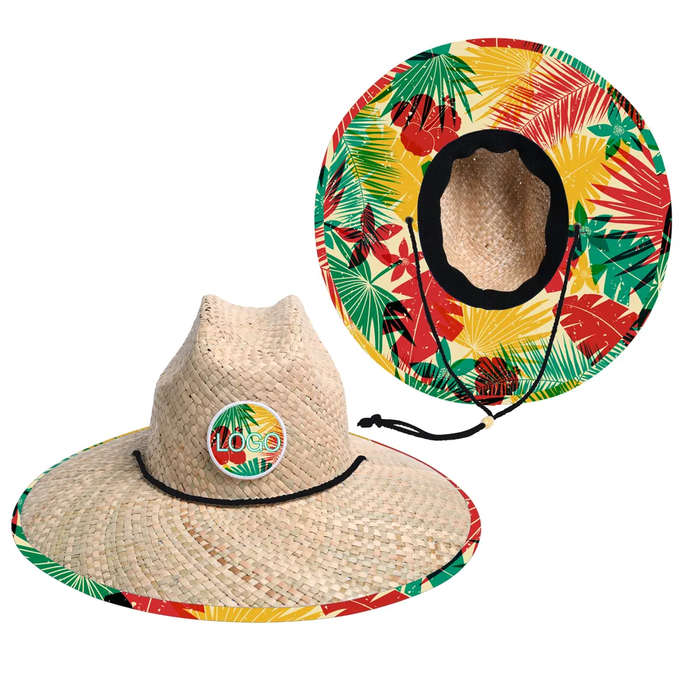 JAKIJAYI Custom Logo Man Wide Brim Rush Beach Sun Straw Hat For Surfing floral design Lifeguard hat