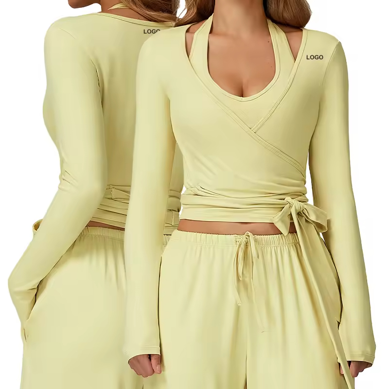 Long Sleeve Deep V-neck Yoga Top One-piece Wrap Breathable Lightweight Skinny Fit Training Running Sports for Women