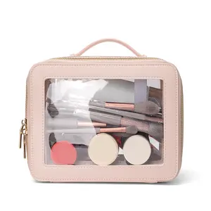Double Layer Makeup Bag Transparent PVC Leather Cosmetic Case With Zipper Closure Business Style PU Custom Logo Pattern Wash Bag