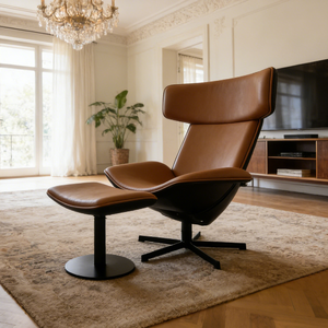 Sillón Moderno de Cuero Marrón con Reposapiés, Cómodo Sillón Giratorio Ergonómico para Sala de Estar, Asiento de Lujo para Descanso - Product Image 4