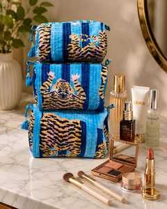 Handcrafted India tiger print Set Of 3 Quilted Toiletry <b>Bag</b> Velvet fabric Color <b>Make</b> <b>Up</b> <b>Bag</b> Cosmetic <b>Bag</b> - Product Image 1