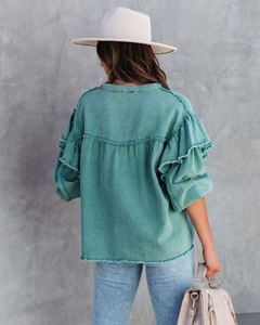 En gros Nouvelle collection automne Veste en jean vintage verte pour femme, style vieilli avec déchirures et coutures, style urbain, Blouses - Product Image 3