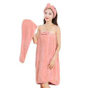 Falda de vestido de toalla de baño de lana Coral con lazo para mujer, turbante de pelo seco mágico y Diadema, 3 piezas por juego, novedad de <span class=keywords><strong>2022</strong></span> - Product Image 1