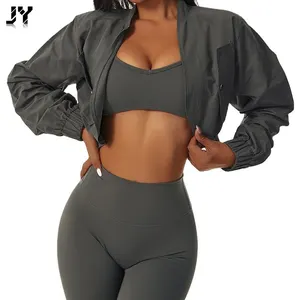 Women Two Piece Gym Set Half Zip Thumb Hole Top Lace Up Ribbed