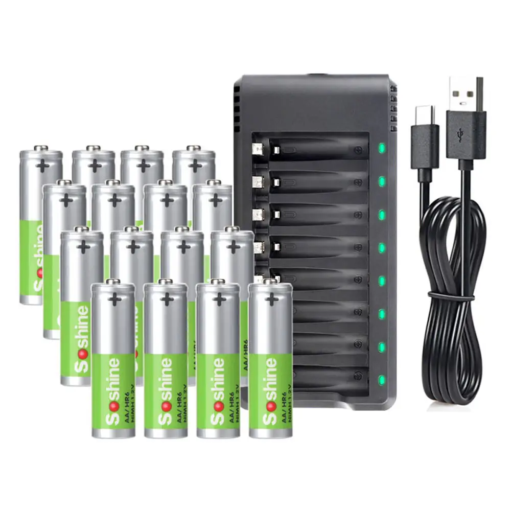 16 Pack Rechargeable Ni-MH AA Batteries, 1.2V AA Batteries with 8 Slots Smart Rechargeable Battery Charger