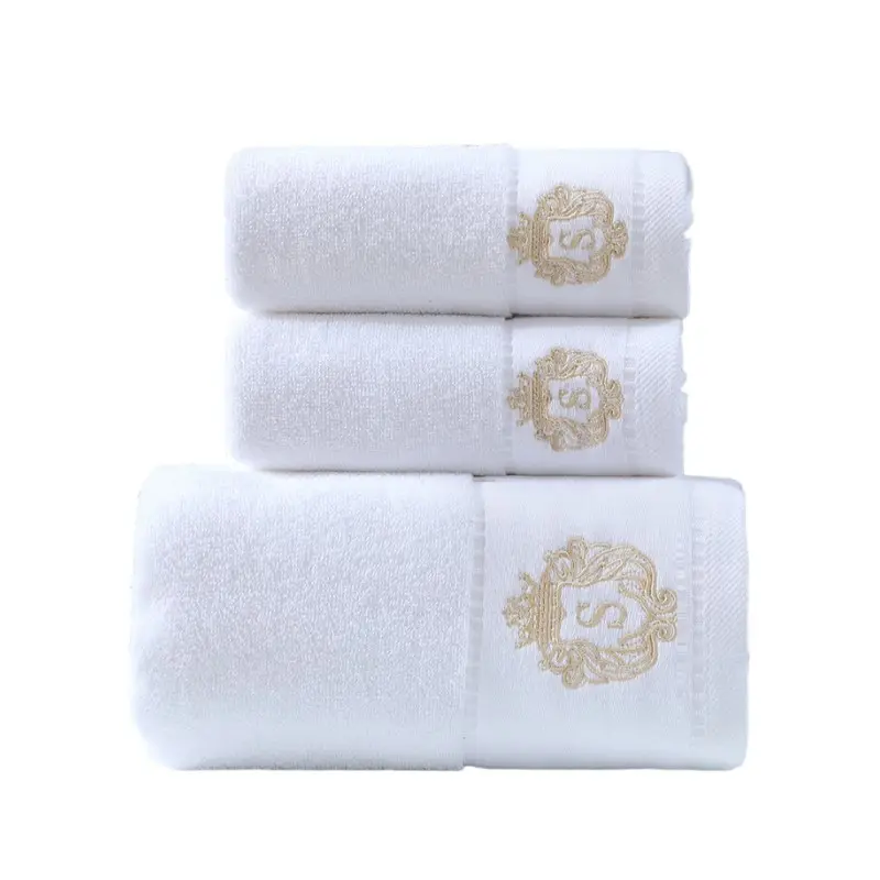 Inyahome White Embroidered Luxury 100% Cotton Towels Sets Bath Hand Face Hair Towels Sets Five Star Hotel Daily Use