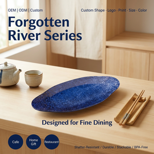 Assiette en mélamine empilable <span class=keywords><strong>de</strong></span> 8 pouces, forme irrégulière, motif aquarelle bleue, incassable, durable, écologique, compatible lave-vaisselle (OEM/ODM) - Product Image 1