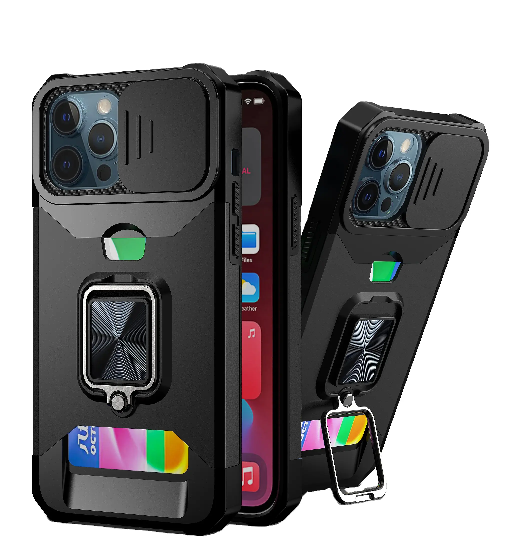 Para iPhone 13/13Pro/13Pro Max/14/14Pro Ventana de cámara deslizante Híbrido TPU + PC funda giratoria con ranura para tarjeta Cubierta magnética a prueba de golpes