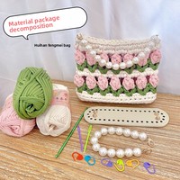 Tas Organizer Rajut Lucu dengan Pegangan Mutiara Desain Bunga Tenun Hiasan Tas Selempang