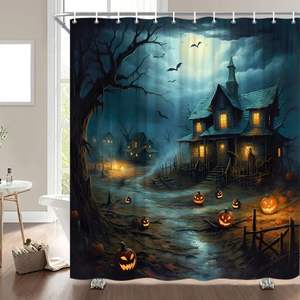 Cortina de ducha de poliéster para patio gótico de Halloween, noche de miedo, Castillo de Luna, calabaza, casa embrujada, gancho 3D para baño y hogar - Product Image 2