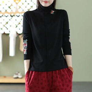 Traditional Chinese Embroidered Wool Slim Fit Semi High Collar Base Shirt Women's Long Sleeve Autumn Winter Inner Layer - Product Image 1