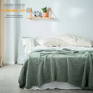 Ags Oeko-tex软针织厚实100% 棉钩针投掷电缆野餐针织婴儿成人绿色毛毯，带家居装饰