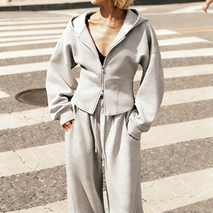 Conjunto <span class=keywords><strong>de</strong></span> Sudadera con Capucha y Pantalones Anchos <span class=keywords><strong>de</strong></span> Algodón 100% <span class=keywords><strong>para</strong></span> Mujer, Estilo Casual Oversize, con Cremallera Completa, 2 Piezas, <span class=keywords><strong>para</strong></span> Otoño - Product Image 2