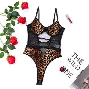 Ropa interior <span class=keywords><strong>Sexy</strong></span> abierta de una pieza personalizada para mujer, Bondage ajustado, estampado de leopardo, encaje, tentación, lencería <span class=keywords><strong>Sexy</strong></span>, mono transparente de malla - Product Image 5