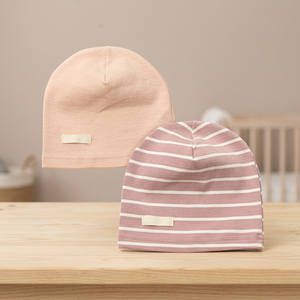 Gorro de Bebé a Rayas Rosa y Blanco de Algodón Unisex Casual, 50-52cm de Circunferencia de Cabeza, Tejido a Mano - Product Image 1