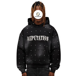 Sweat à capuche surdimensionné en molleton de coton 100% noir uni avec lavage à l'acide et strass Y2K, impression en relief - Product Image 1