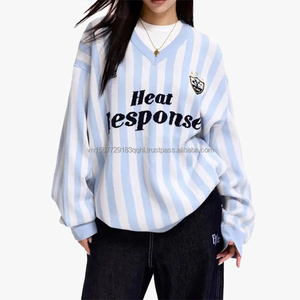 Suéter de Punto a Rayas Casual para Mujer, Cuello en V, Estilo Jersey, Deportivo, Otoño Invierno, Suave y Holgado - Product Image 1