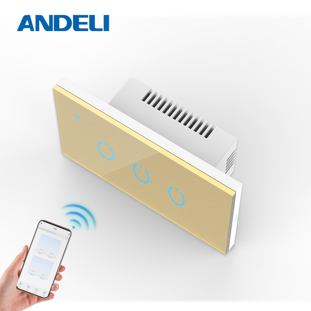 ANDELI WiFi Smart Wall Switch 3 Gang Gold Neutral Wire Touch Sensor LED Light Switches Waterproof for Smart Home Alexa Google