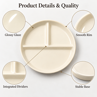 Assiette de service en céramique à 3 compartiments, assiette à dîner en porcelaine couleur personnalisée, assiette de contrôle des portions, OEM ODM Vente en gros