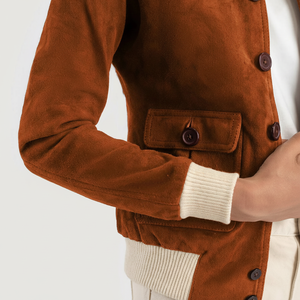 Blouson aviateur en daim marron de haute qualité personnalisable, coupe-vent, respirant, col montant, taille XS, position du logo avant, OEM - Product Image 1