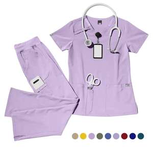 Conjunto de Uniformes Médicos de Manga Corta que Absorben la Humedad para Enfermeras con Cuello en V, Uniformes de Enfermería con Múltiples Bolsillos y Cintura Elástica - Product Image 2