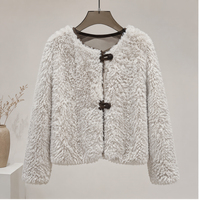 Vintage Damen Woll-Leder Kurzmantel Hellbeige Meliert Grau Rundhals Knopfleiste Schafsfell Winter Freizeitjacke