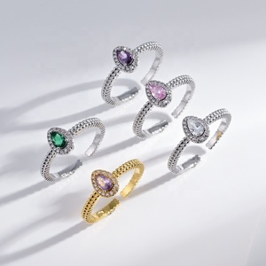 Bague en cuivre plaqué or 18 carats pour femme, avec pierres colorées, zircone cubique ronde, empilable, bijoux de mode, vente en gros, pas cher - Product Image 5