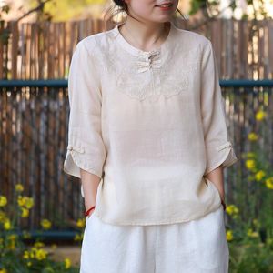 Traditional Chinese Women's Blue Embroidered Linen Top With Chinese Buttons Summer T-Shirt - Product Image 3