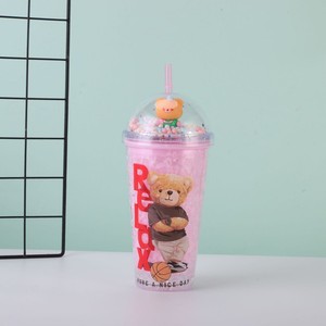 Hip Pop 450ml Skateboard Sport Bear Cartoon <b>Plastic</b> <b>Straw</b> Tumbler with Pastel Pom Pom Dome Lid Double Wall Clear Icy Crushed - Product Image 3