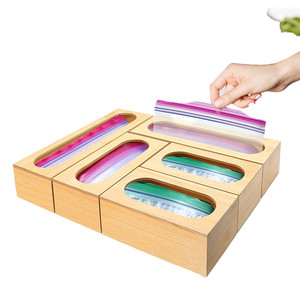 Food Wood Box 5 Pcs Food Storage Bag Holder Bamboo Ziplock Bag Storage Organizer And Dispenser Wood Box For Kitchen Drawer