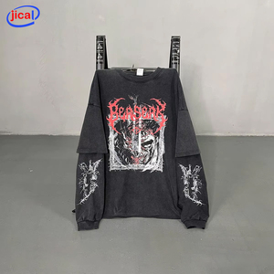 Camiseta de Manga Larga con Cuello Redondo, Diseño de Dos Piezas con Efecto de Empalme, Impresión Digital, 100% Algodón, 345 Gramos - Product Image 3