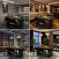 Ensemble de table et chaises de restaurant en MDF noir, plateau en pierre frittée, structure en acier carbone, design minimaliste et luxueux, compact